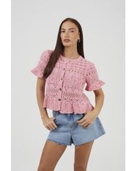 Brave Soul - Short Sleeve Pointelle Knit Cardigan With Frill Hem - Lyst