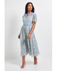 Wallis - Petite Lace Collared Button Midi Dress - Lyst