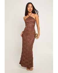 Boohoo - Petite Lace Halter Neck Maxi Column Dress - Lyst