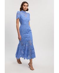 Karen Millen - Guipure Lace High Neck Woven Midi Dress - Lyst