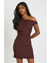 Boohoo - Textured Ruched Waist Asymmetric Neck Mini Dress - Lyst