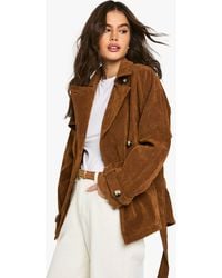Boohoo - Suede Look Short Belted Trench Coat - Lyst
