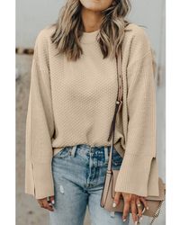 Azura Exchange - Parchment Solid Textured Knit Split Cuff Drop Shoulder Loose Sweater - Lyst