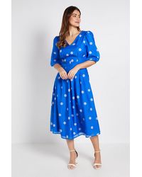 Wallis - Polka Dot Lace Trim Puff Sleeve Midi Dress - Lyst