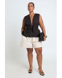 Boohoo - Plus Linen Shirred Waist Tie Front Detail Top - Lyst