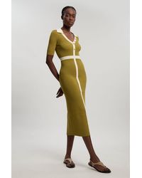 Karen Millen - Knit Rib With Contrast Waist Detail Collared Short Sleeve Midi Dress - Lyst