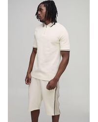 BoohooMAN - Tall Slim Fit Pique Interlock Stripe Polo And Shorts Set - Lyst