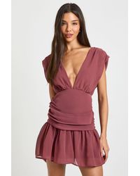 Boohoo - Chiffon Ruched Detail Plunge Front Mini Dress - Lyst