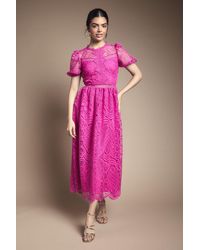 Oasis - Lace Puff Sleeve Fit And Flare Midi Dress - Lyst