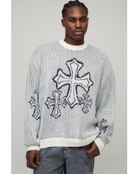 BoohooMAN - Tall Oversized Boxy Fluffy Cross Jacquard Knitted Jumper - Lyst