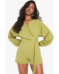 Boohoo - Linen Look Wrap Over Tie Detail Romper - Lyst