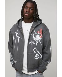 BoohooMAN - Charcoal Oversized Zip Through Graffiti Tattoo Printed Hoodie - Lyst