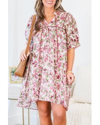 Azura Exchange - Roze Bloemen Gesplitste Hals Korte Mouw Losse Plus Size Mini Jurk - Lyst