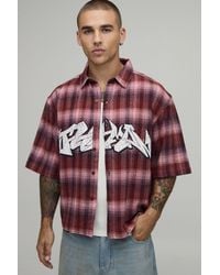 BoohooMAN - Oversized Boxy Half Sleeve Graffiti Print Check Shirt - Lyst