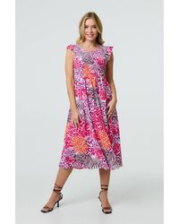 Izabel London - Animal Print Cap Sleeve Smocked Midi Dress - Lyst