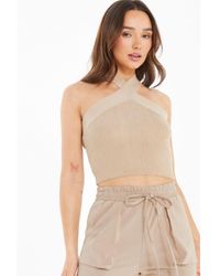 Quiz - Stone Knitted Cross Neck Crop Top Viscose - Lyst