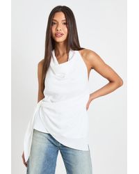 Boohoo - Hammered Halter Cowl Tie Side Drape Blouse - Lyst