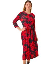 Roman - Rose Print Gathered Stretch Midi Dress - Lyst