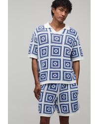BoohooMAN - Oversized Boxy Crochet Patch Knitted Polo And Short Set - Lyst