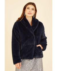 Yumi' - Navy Short Wrap Faux Fur Coat - Lyst