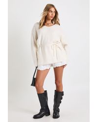 Boohoo - Tie Waist Detail Slouchy V Neck Sweater - Lyst