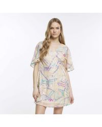 River Island - Wrap Mini Dress Cream Sequin Floral - Lyst