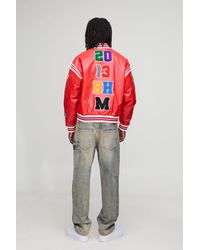 BoohooMAN - Boxy Fit Letter Badge Applique Pu Varsity Bomber Jacket - Lyst