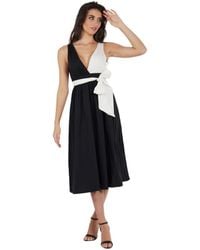 Gini London - Zwart Met Contrasterende Witte Poplin Midi-jurk Met Gestrikte Taille - Lyst