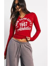 Boohoo - New York Printed Notch Neck Long Sleeve Top - Lyst