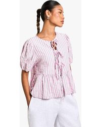 Boohoo - And Stripe Tie Front Puff Sleeve Smock Top - Lyst