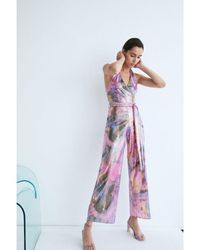 Warehouse - Wh X Kimberley Burrows Printed Sequin Halter Wrap Jumpsuit - Lyst