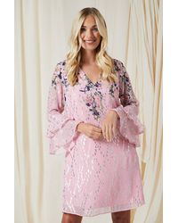 Wallis - Petite Floral Metallic Ruffle Sleeve Shift Dress - Lyst