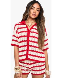 Boohoo - Crochet Stripe Collared Shirt And Short Co Ord - Lyst