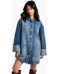 Boohoo - Petite Utility Turn Cuff Denim Oversized Shirt Dress - Lyst
