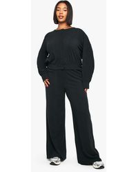 Boohoo - Plus Ribbed Button Down Cardigan And Wide Leg Trouser - Lyst
