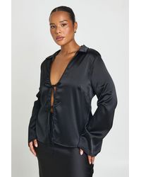 Boohoo - Plus Satin Tie Front Long Sleeve Top - Lyst