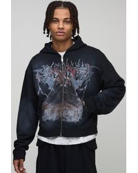 BoohooMAN - Shrunken Fit Premium Gothic Spray Wash Printed Zip Through Hoodie Cotton - Lyst