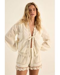 Nasty Gal - Cotton Lace Trim Tie Front Balloon Sleeve Top - Lyst