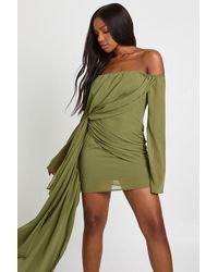 Boohoo - Chiffon Bardot Ruched Mini Dress - Lyst