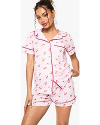Boohoo - Cherry Print Gingham Piping Detail Short Sleeve Shirt & Shorts Pyjama Set - Lyst