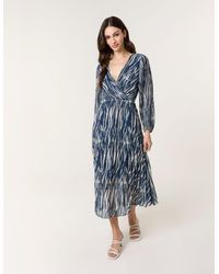 Blue Vanilla - Wave Print Pleated Wrap Front Dress - Lyst
