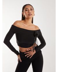 Pink Vanilla - Corsage Detail Bardot Long Sleeve Top - Lyst