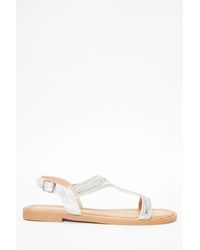 Quiz - Silver Diamante T-bar Flat Sandals - Lyst
