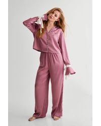 Nasty Gal - Satin Contrast Tie Cuff Pajama Shirt And Pants Set - Lyst