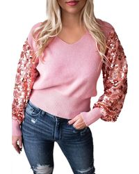 Azura Exchange - Contrast Sequin Sleeve V Neck Ribbed Knit Sweater Viscose - Lyst
