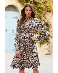 Sosandar - Tan Leopard Print Fit & Flare Ruffle Dress - Lyst