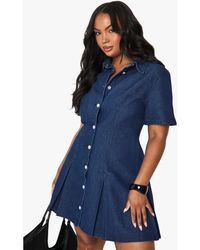Boohoo - Plus Denim Button Pleated Shift Dress - Lyst