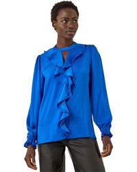 Roman - Ruffle Front Keyhole Satin Top - Lyst