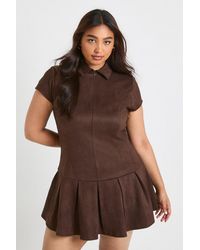 Boohoo - Plus Faux Suede Short Sleeve Pleated Mini Dress - Lyst