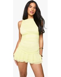 Boohoo - Square Neck Ruched Mesh Mini Dress - Lyst